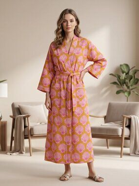 Floral Kimono Robe for Women – Handmade Cotton Lounge Robe, Boho Botanical Print